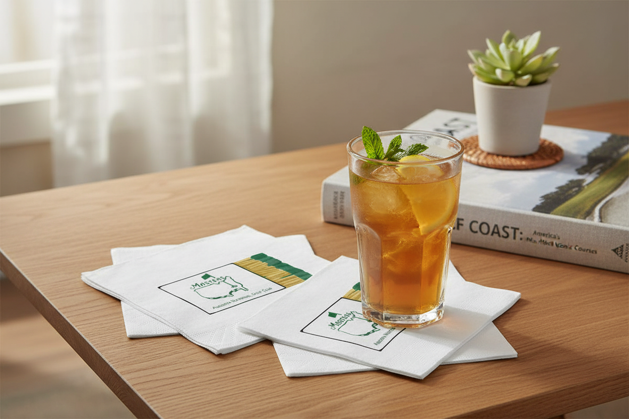Glass of iced tea with lemon slices on a wooden table with masters napkins and a book in the background.
