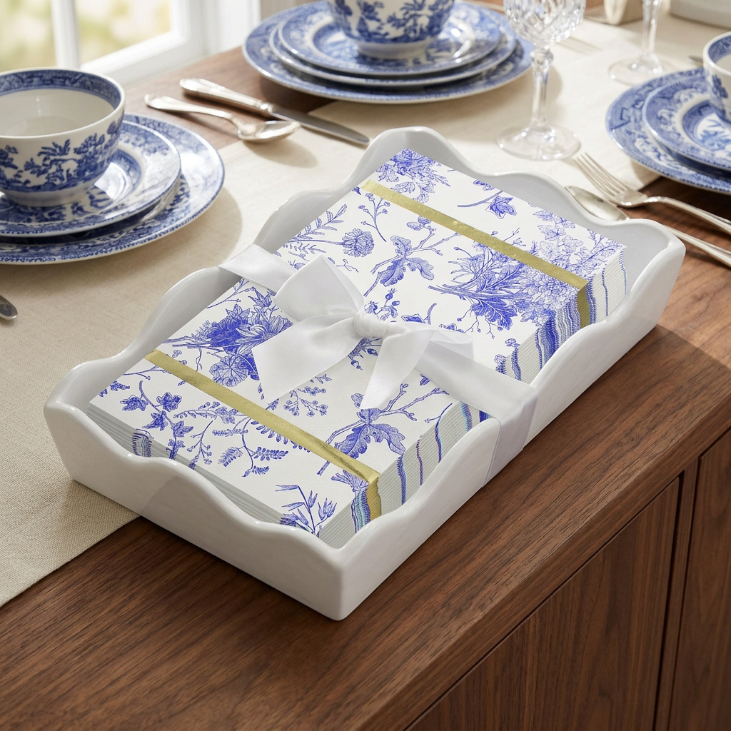 Timeless blue floral paper napkins and white ceramic tray on a wooden entertaining sideboard.