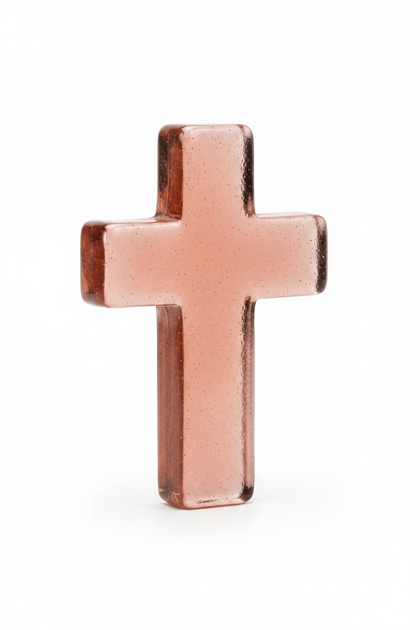 Mauve glass cross on a white background