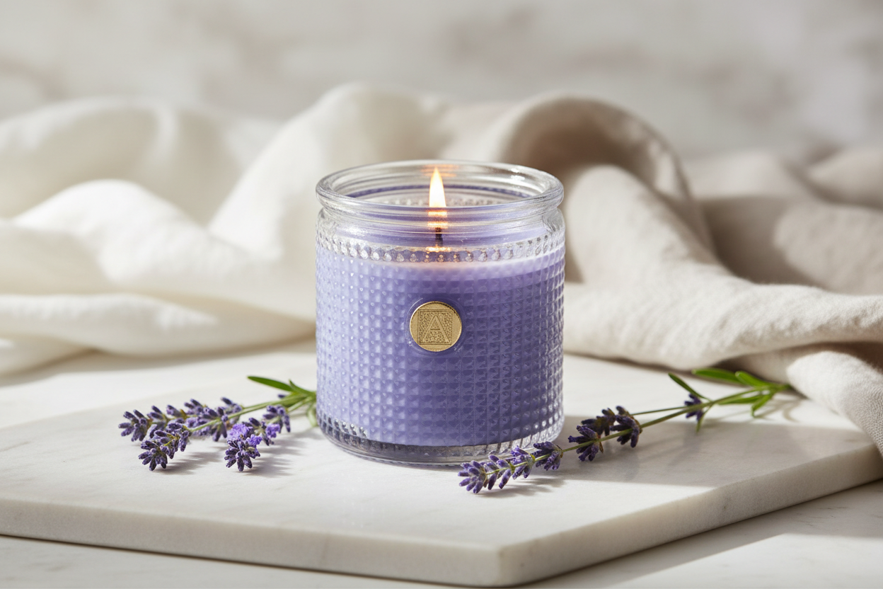 Aromatique Lavender Bouquet Candle 6 oz Purple candle with a wavy texture on a marble surface with lavender flowers, against a neutral fabric background.
