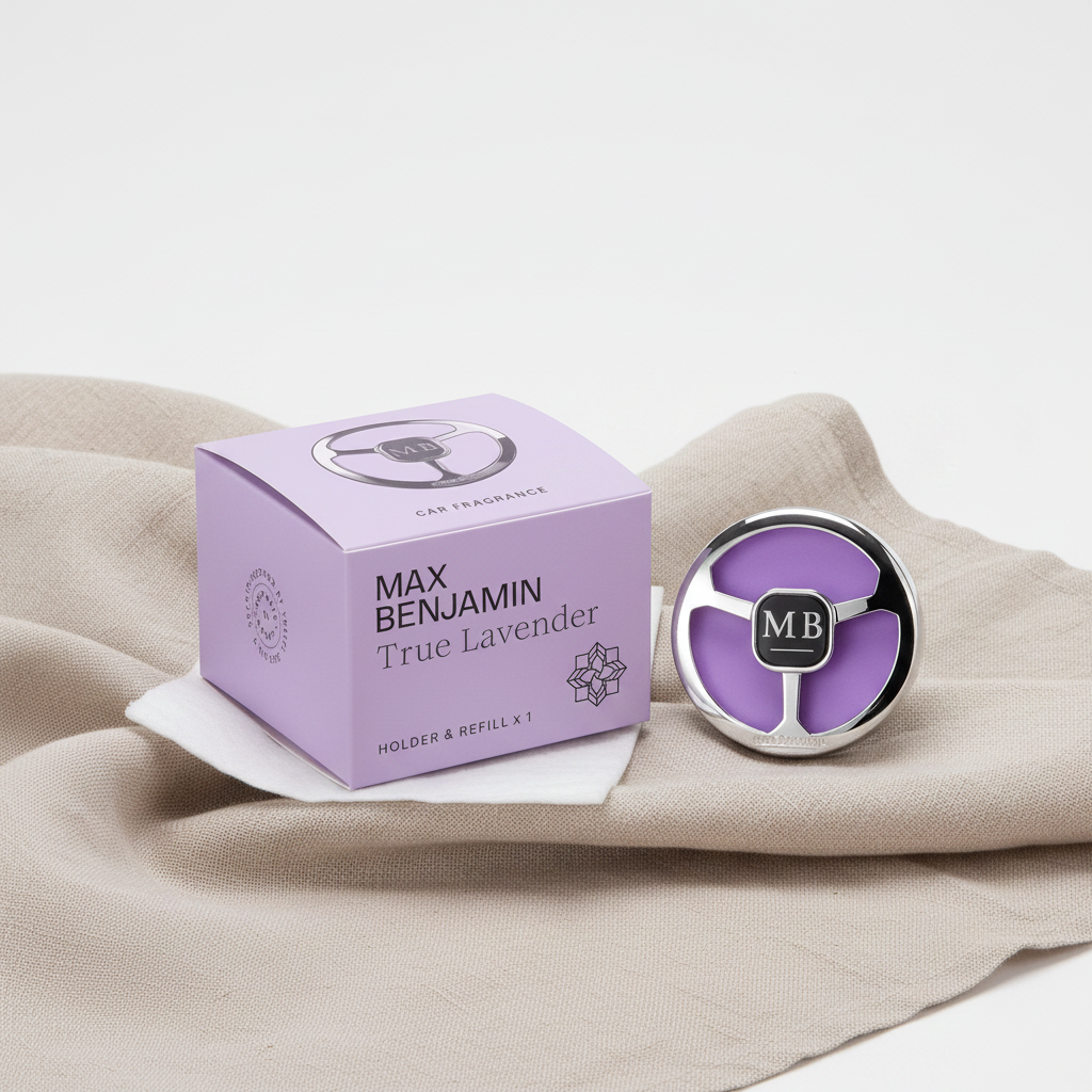 Max Benjamin True Lavender Car Fragrance Dispenser and gift box on natural linen backdrop