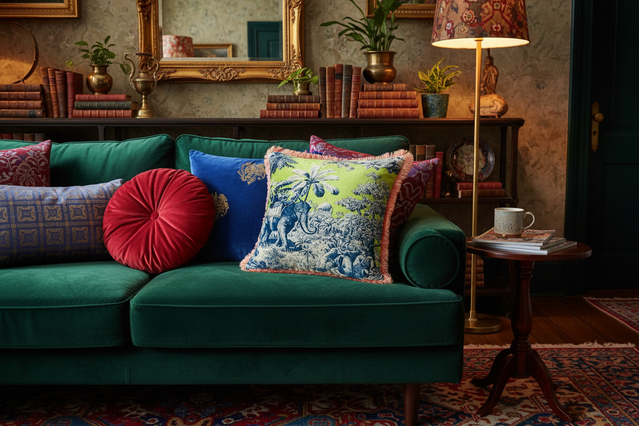 Hazel Mazel chartreuse elephant toile throw pillow with peach fringe styled on a jewel-toned maximalist sofa with coordinating pillows
