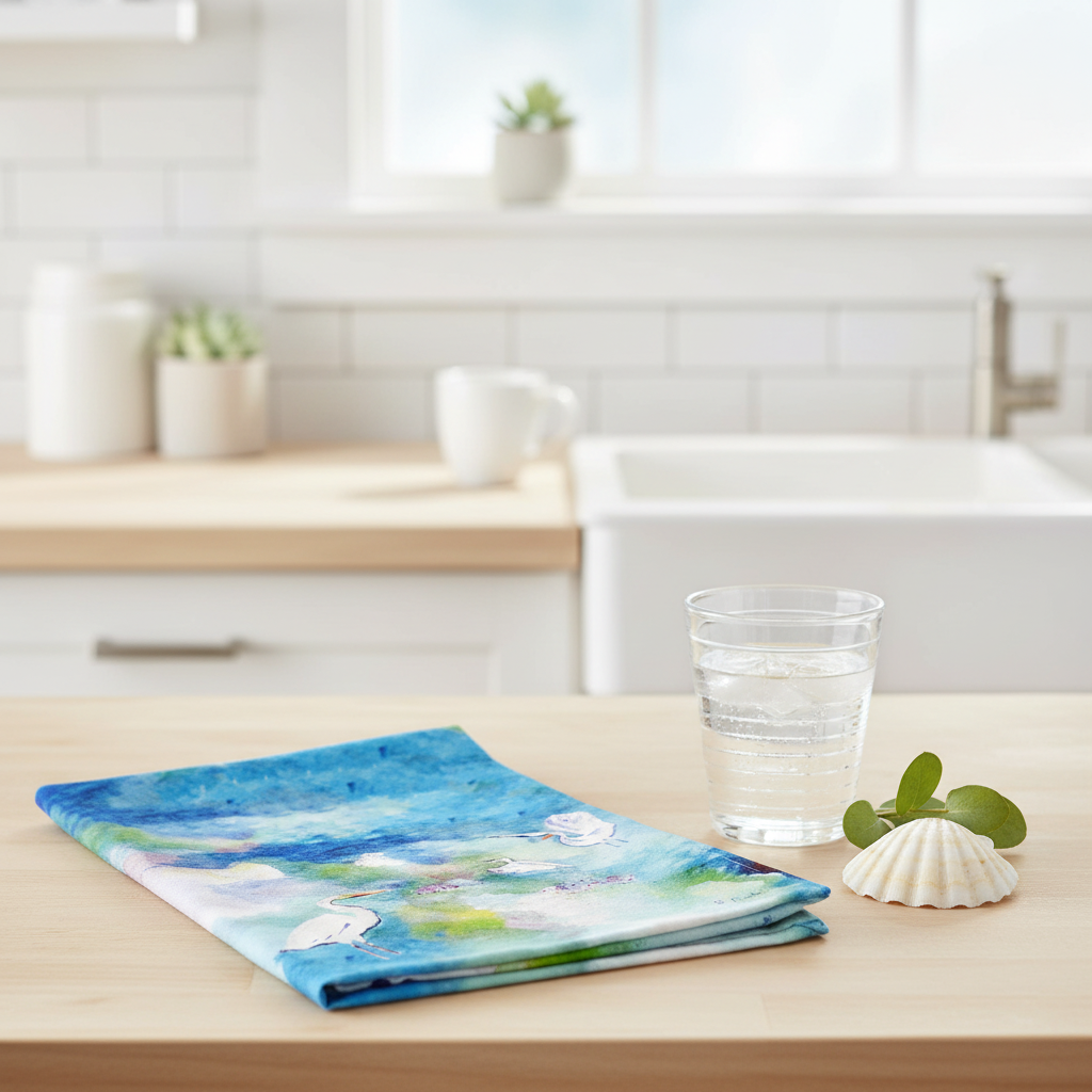 Betsy Drake Interiors Three Egrets watercolor tea towel folded on a light wood kitchen counter with a coastal vignette of seashells and greenery
