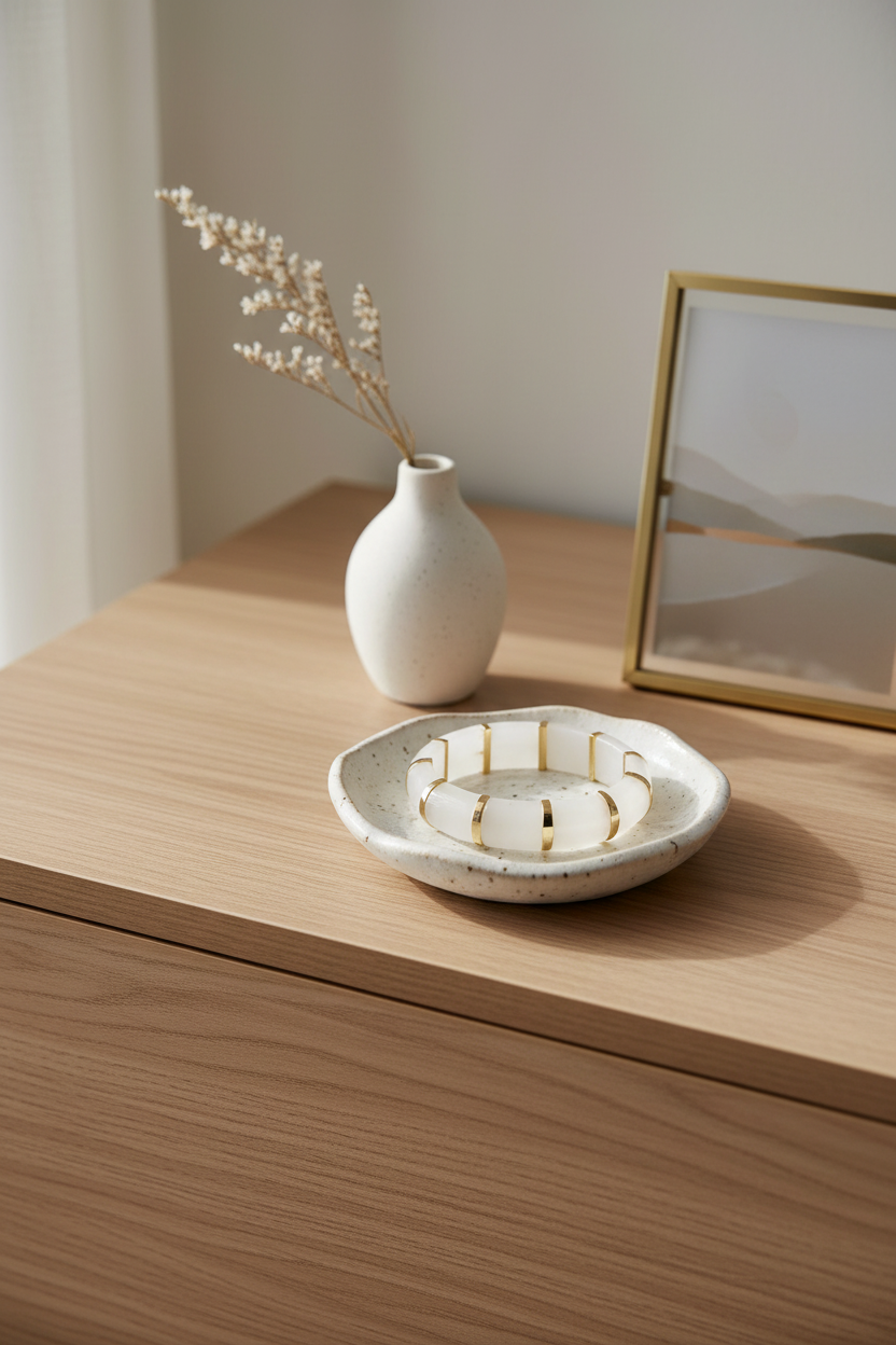 White vase with dried flowers and decorative bowl on a wooden surface with a gold and white bracelet in it. 