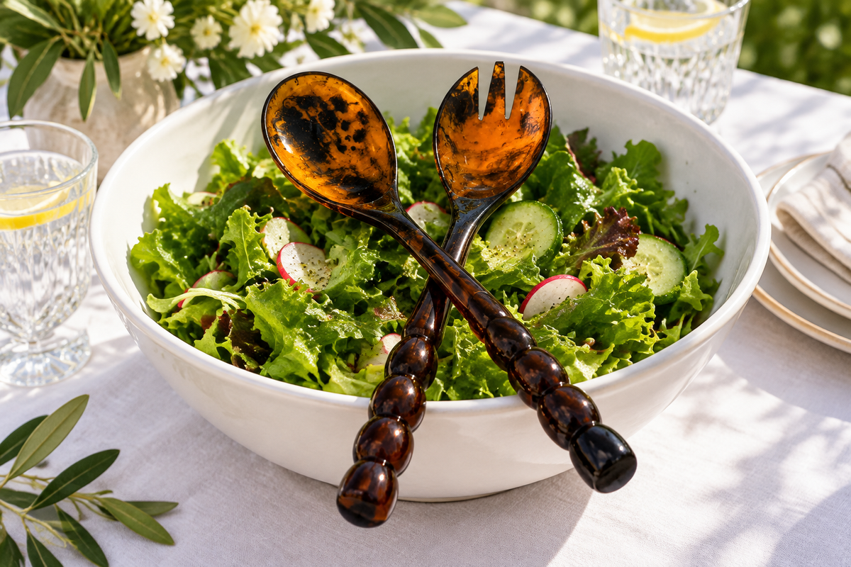 Laura Park tortoise shell resin salad spoon and fork with beaded handles crossed in a white bowl of green salad on an outdoor dinner table