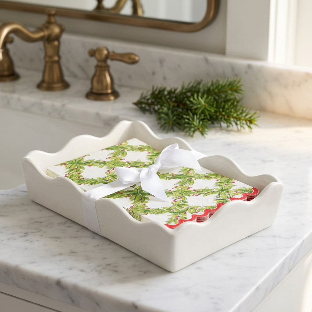 Holly Berry Christmas guest towels in a white ceramic tray on a marble vanity.