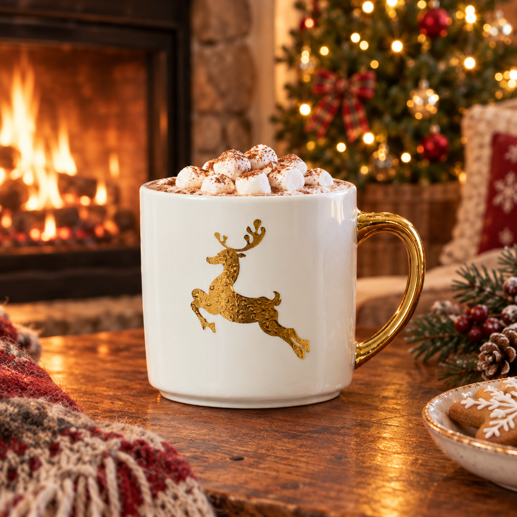 Cafe mug with a leaping gold reindeer design filled with hot cocoa and marshmallows in front of a fireplace and decorated Christmas tree