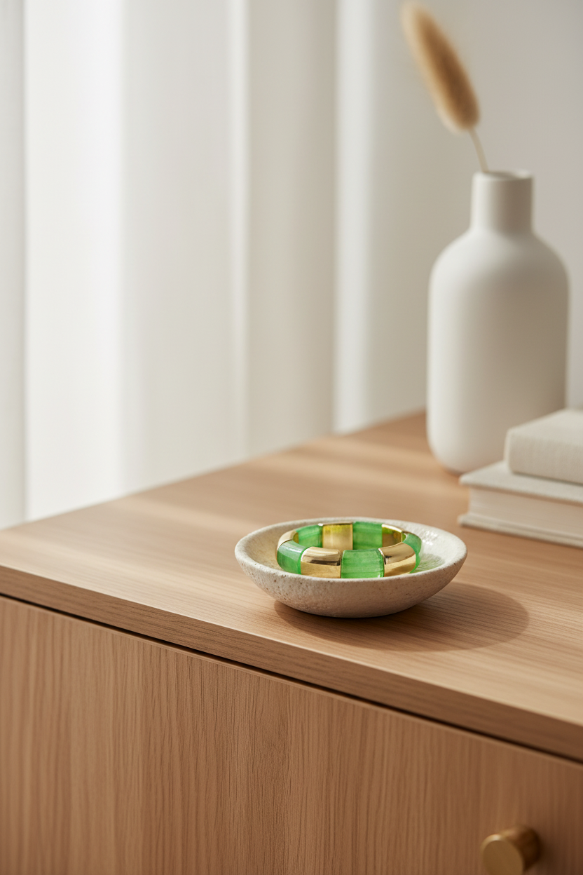 Decorative bowl with green and gold items on a wooden surface with a white vase in the background.