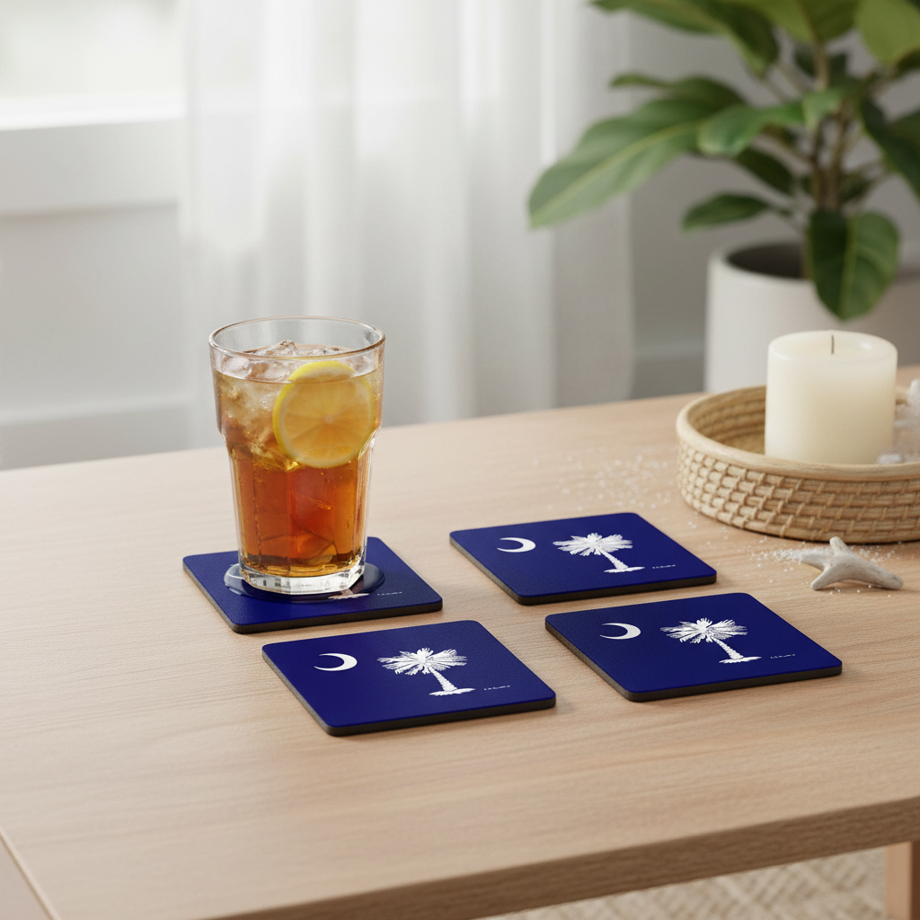 Betsy Drake Interiors Palmetto Moon navy blue coaster set of 4 styled on a light wood coffee table with iced tea, seagrass tray, and white candle
