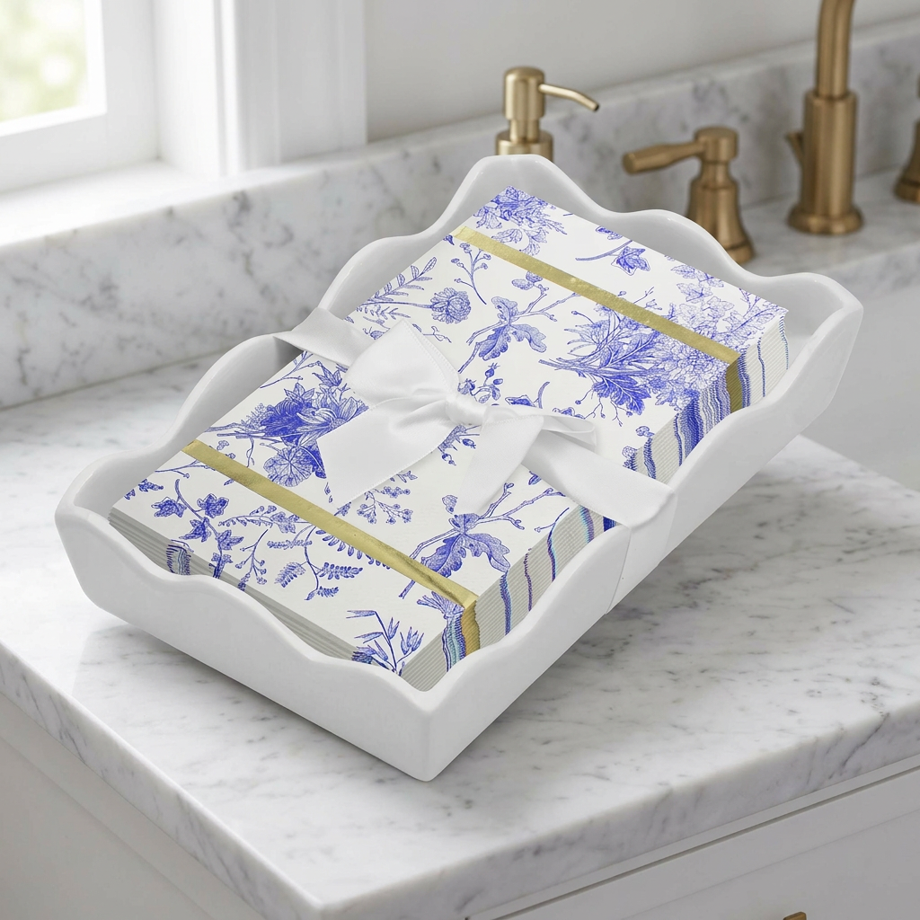 Blue floral guest towels in a white wavy ceramic tray on a marble vanity.