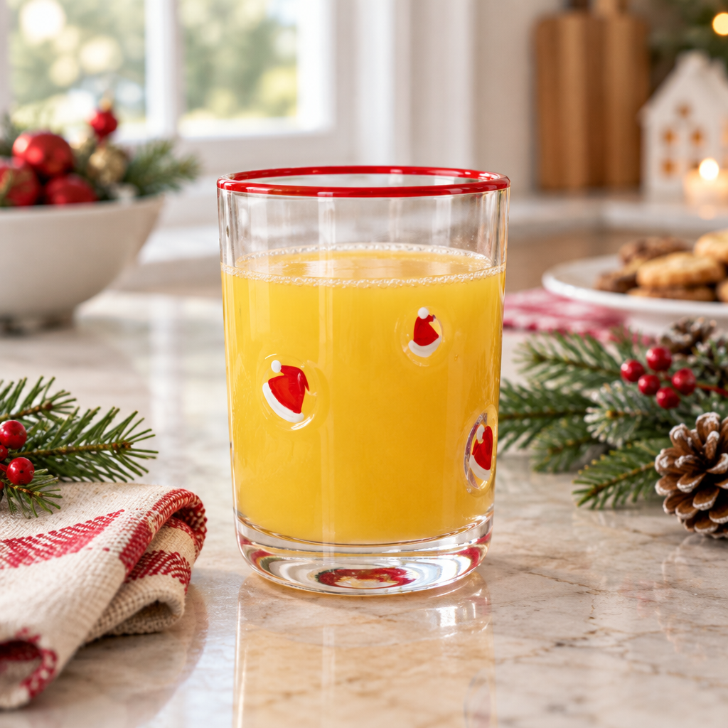 17 oz clear drinking glass with red Santa hat motifs and red rim on a kitchen counter beside greenery and a holiday napkin