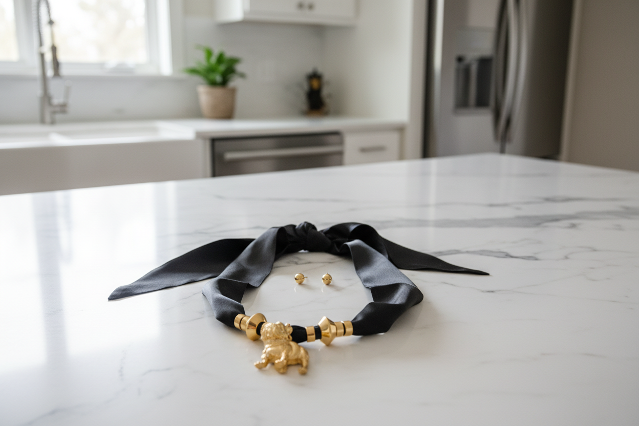 Grace Ann Designs necklace Black ribbon with gold accents on a marble countertop in a kitchen