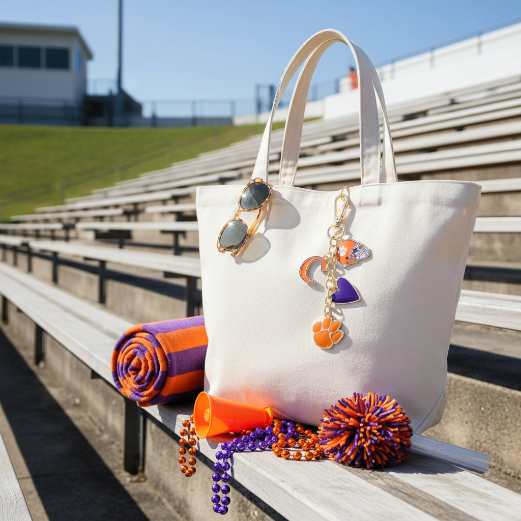 Canvas Clemson Tigers Heart Cluster Bag Charm on a white tote bag with orange and purple Clemson spirit accessories at a stadium