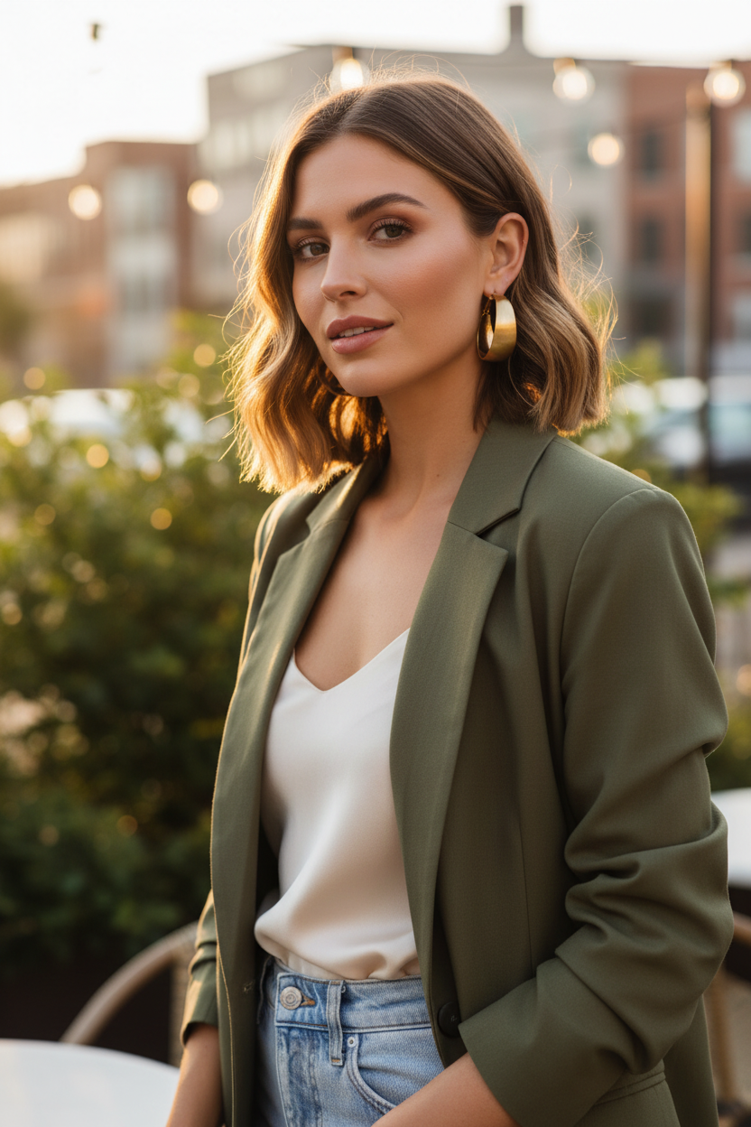 Woman wearing a green blazer over a white top and blue jeans with gold hoop earrings, standing outdoors with blurred background