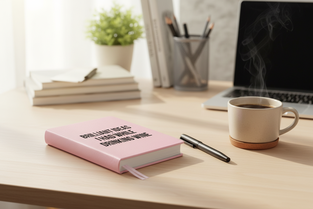 Toss Designs pink Brilliant Ideas vegan leather journal on a bright writing desk beside a pen and coffee