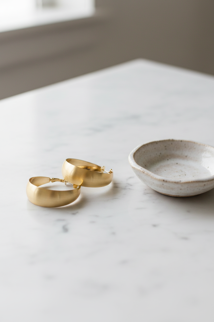 Two gold hoop earrings on a marble surface with a small ceramic dish.