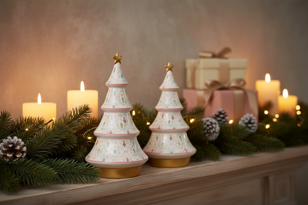 White Dolomite Nutcracker Christmas Trees - Ceramic Holiday Decor | 2 Sizes