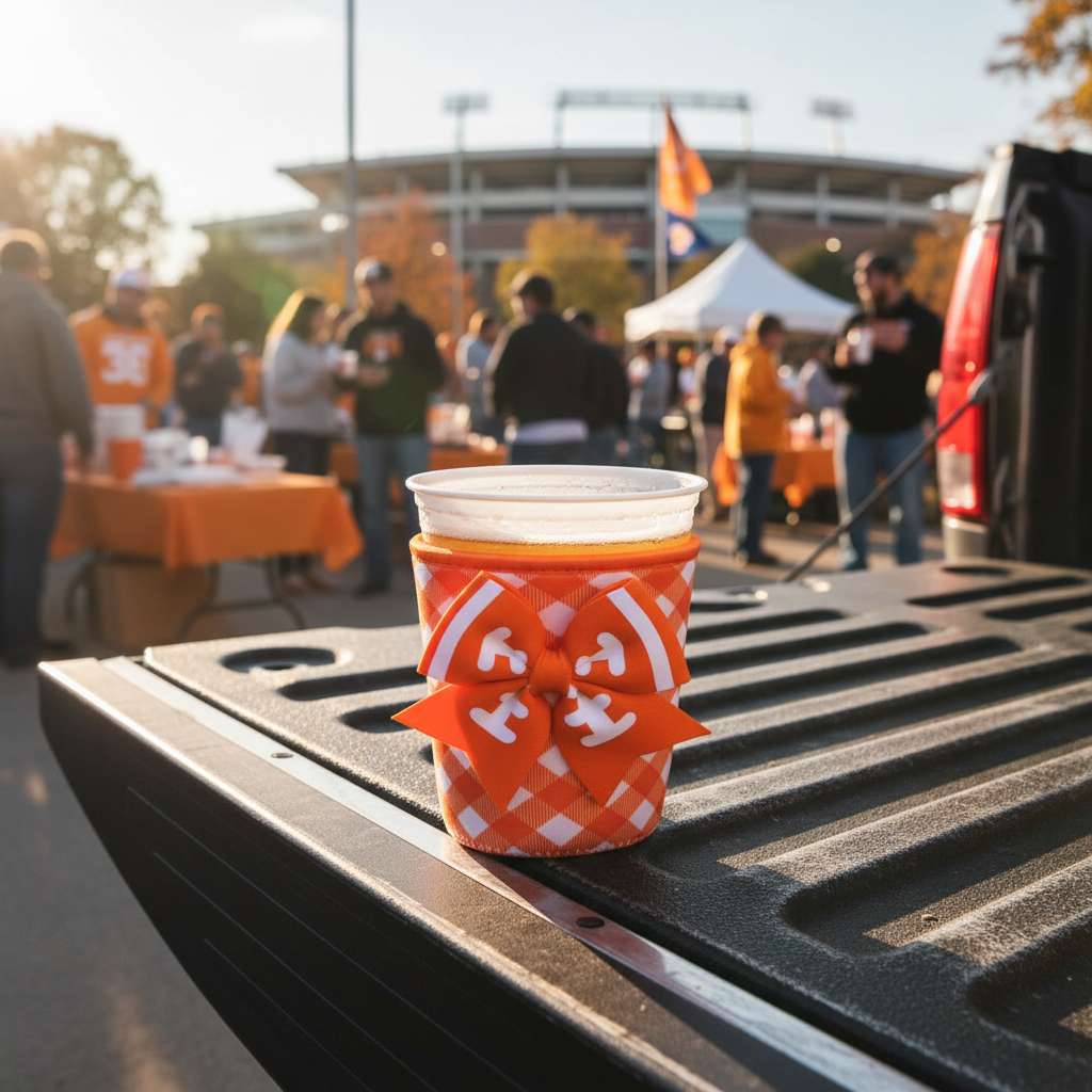 Orange gingham neoprene can coolie on a cold drink at a college football tailgate, sunny stadium backdrop