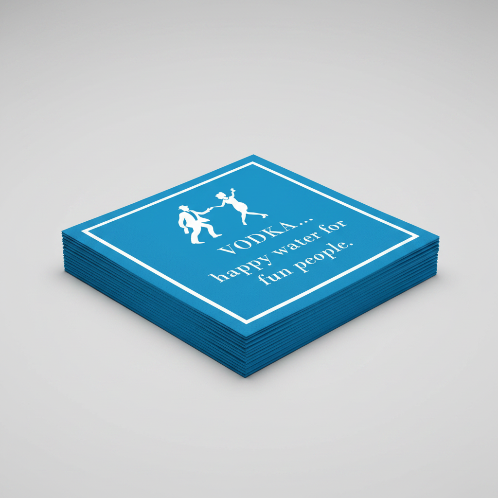 Stack of blue napkins with white text and graphics on a gray background