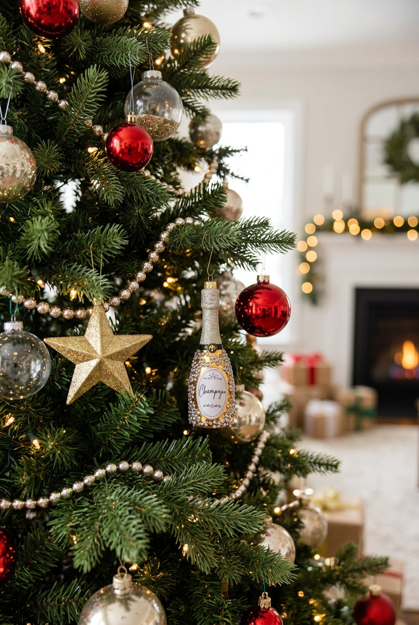 Champagne Bottle Christmas Ornament - 6.25" Festive Holiday Decor and Hostess Gift