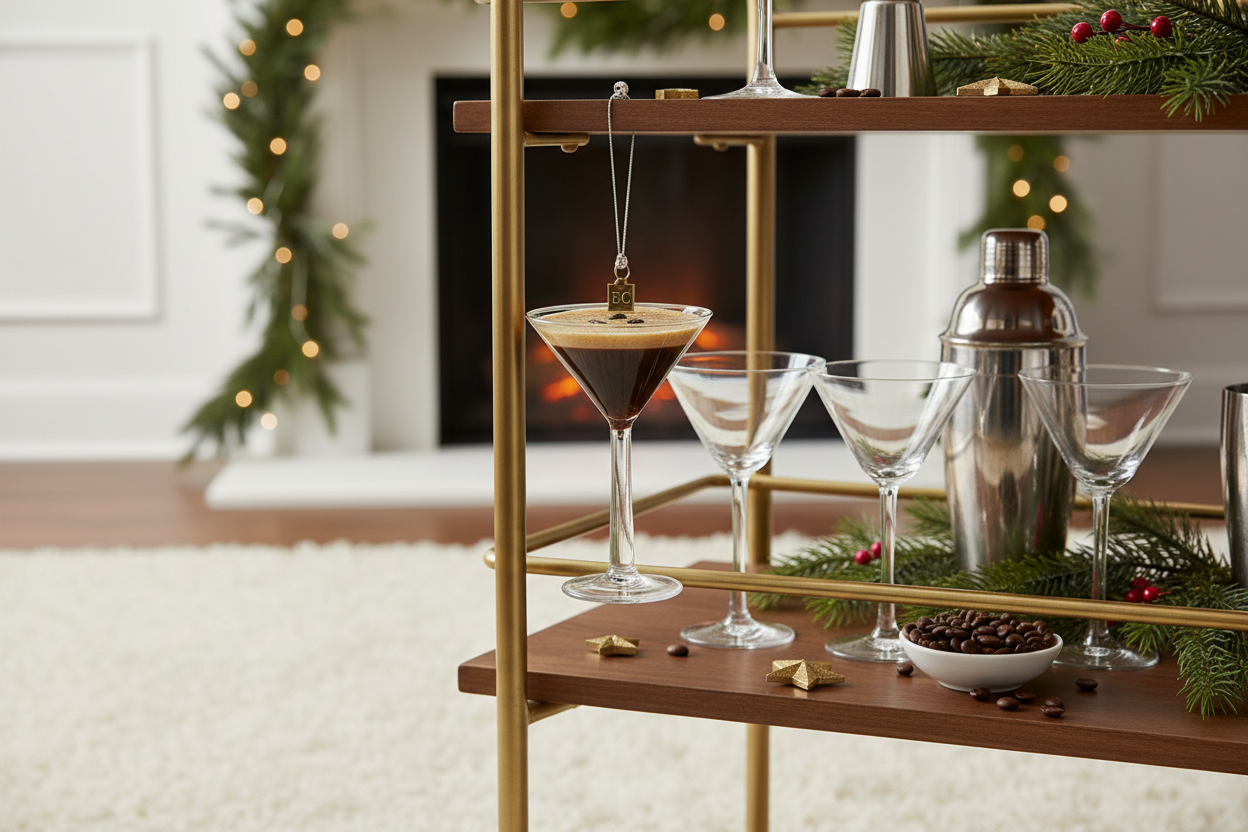 Brown chocolate espresso martini Christmas ornament displayed on a festive bar cart with cocktail glasses and evergreen accents