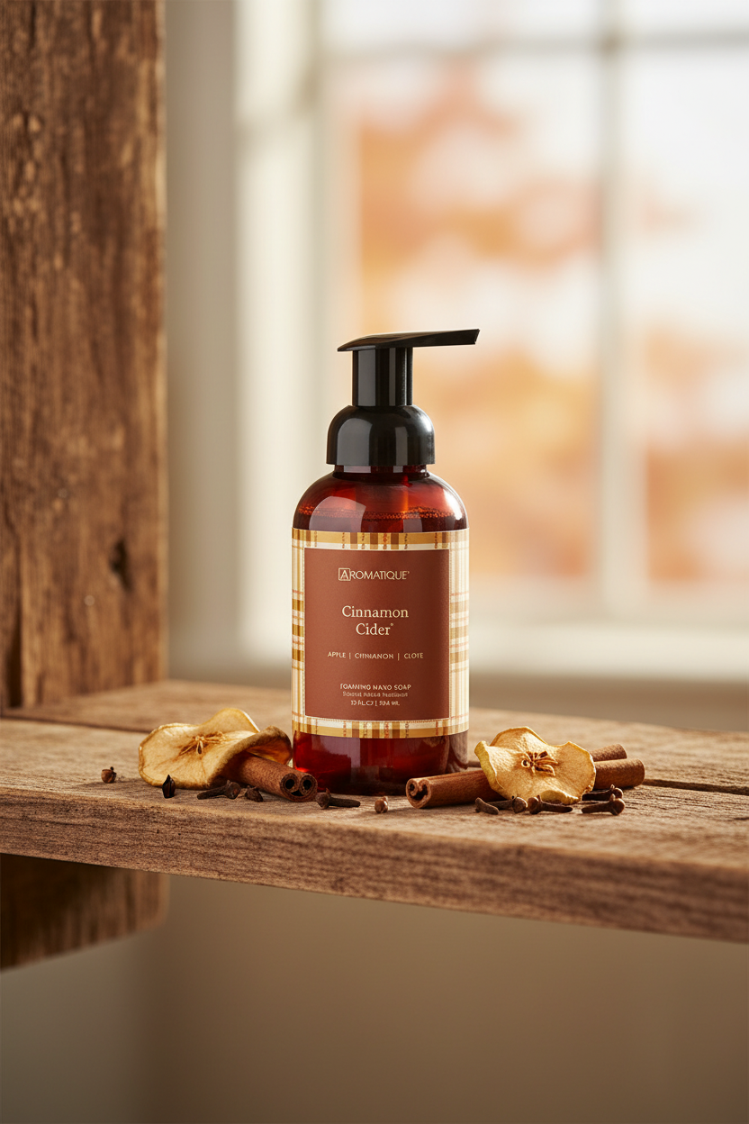 Cinnamon Cider foaming hand soap in a brown bottle on a wooden beam with dried apples and cinnamon sticks 