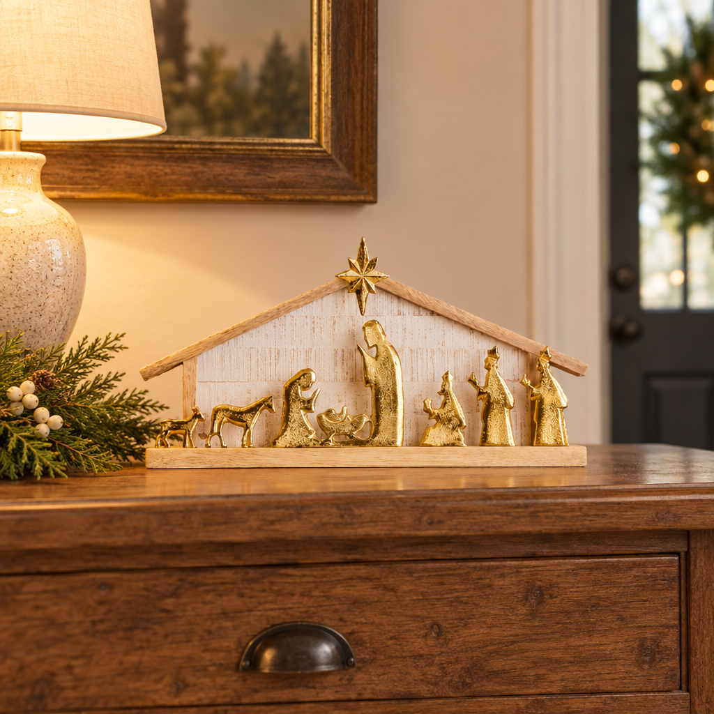 Gold nativity scene with wooden stable displayed on a wooden console table beside a table lamp and fresh greenery