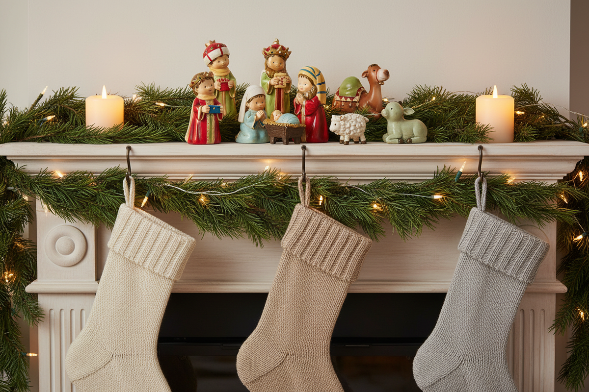 Nine-piece multicolor resin nativity set arranged on a Christmas mantel with evergreen branches