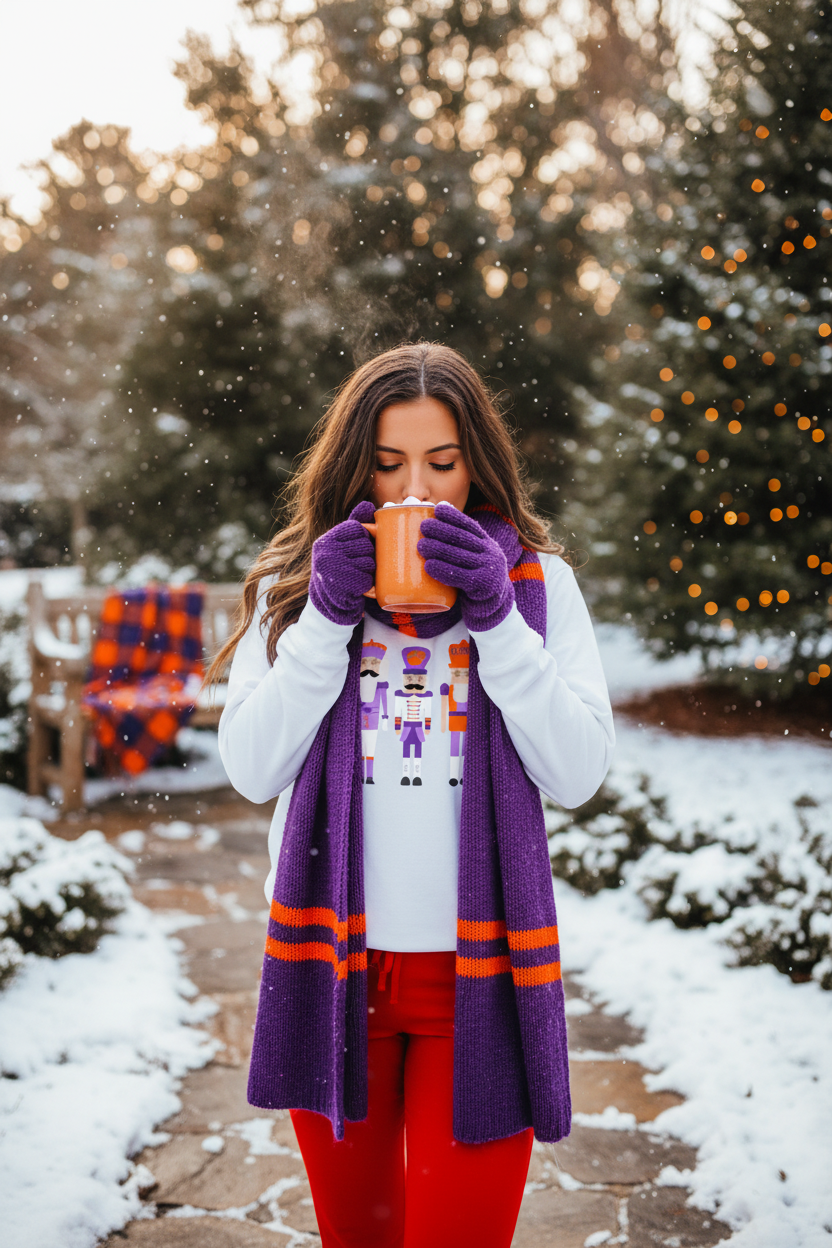 Woman wearing white Clemson Tigers nutcracker crewneck sweatshirt holding a mug of hot cocoa outdoors in a cozy winter setting
