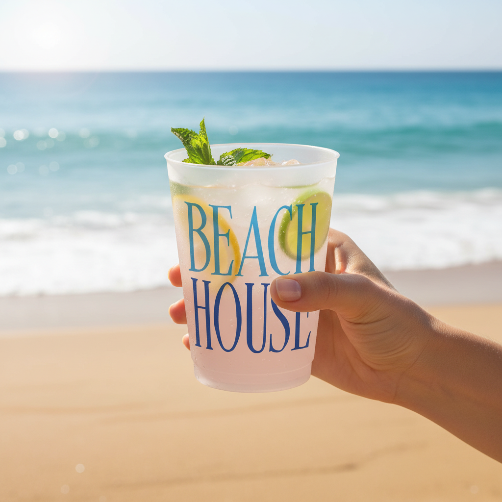 Hand holding a Beach House plastic cup with a refreshing drink on a sunny beach