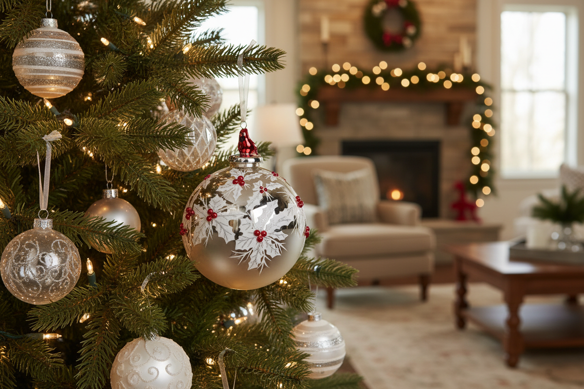 Gray and silver glass cardinal and poinsettia Christmas ball ornament hanging on a warmly lit evergreen tree