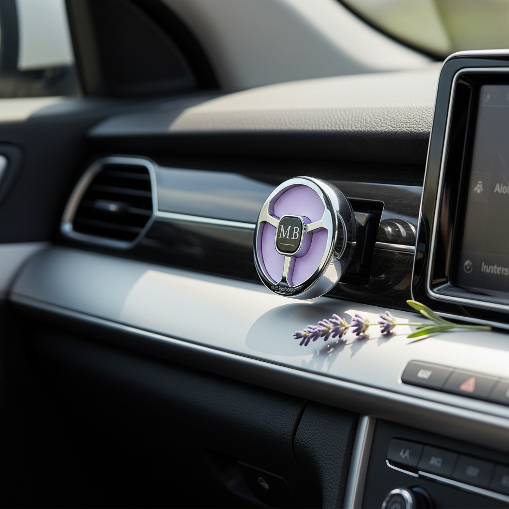 Max Benjamin True Lavender Car Fragrance Dispenser clipped to car air vent with lavender sprig on dashboard