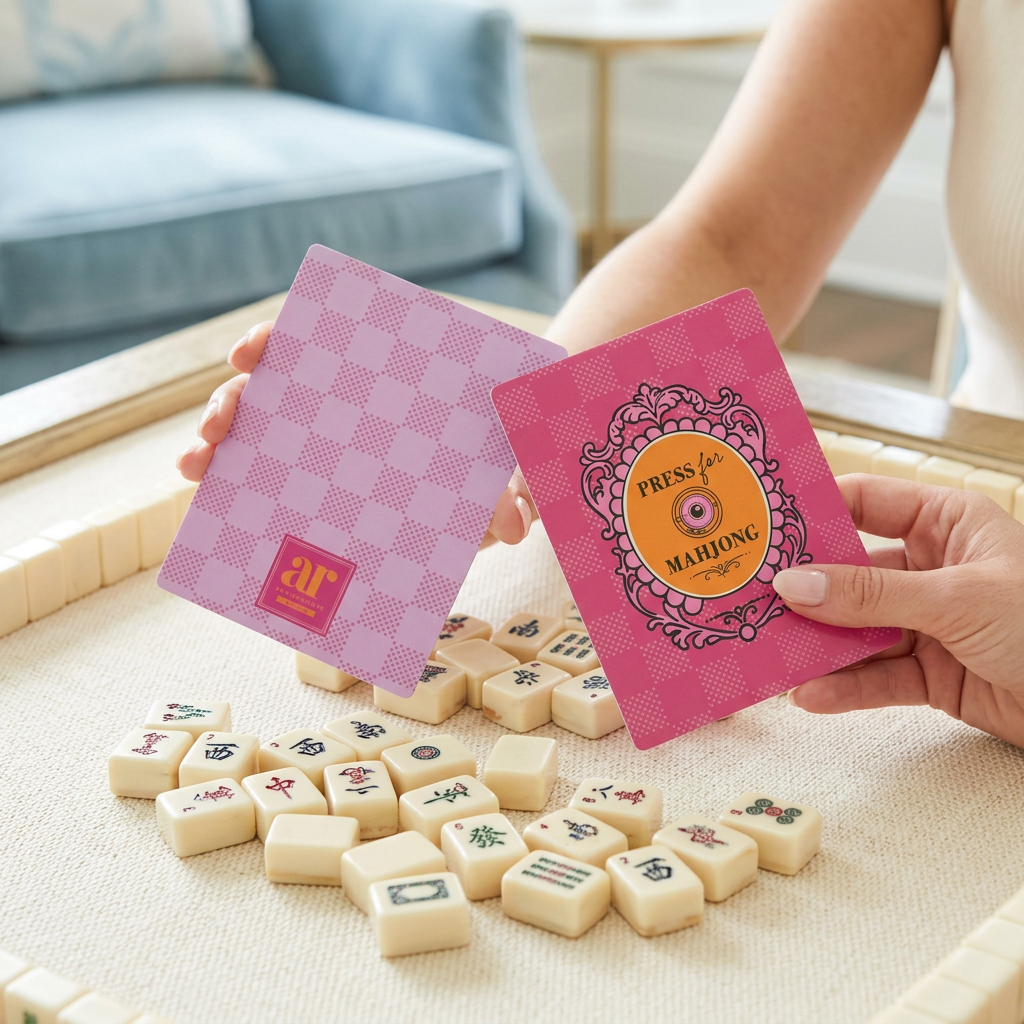 Hands holding pink checkerboard Mahjong tile shufflers above ivory tiles on a cream game mat, showing the orange medallion front and lavender reverse.