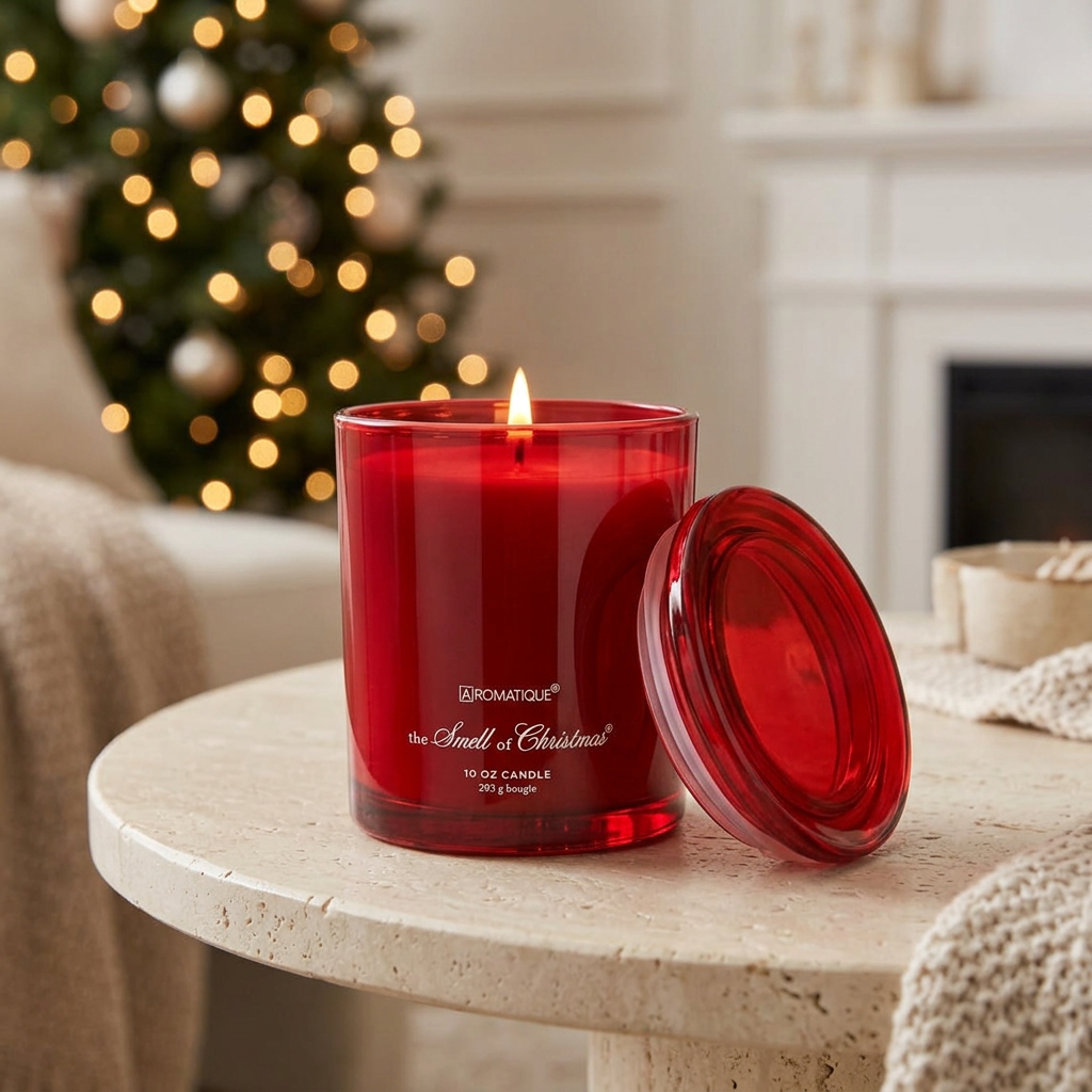 Smell of Christmas 10 oz red Foundry glass candle in a Christmas living room setting