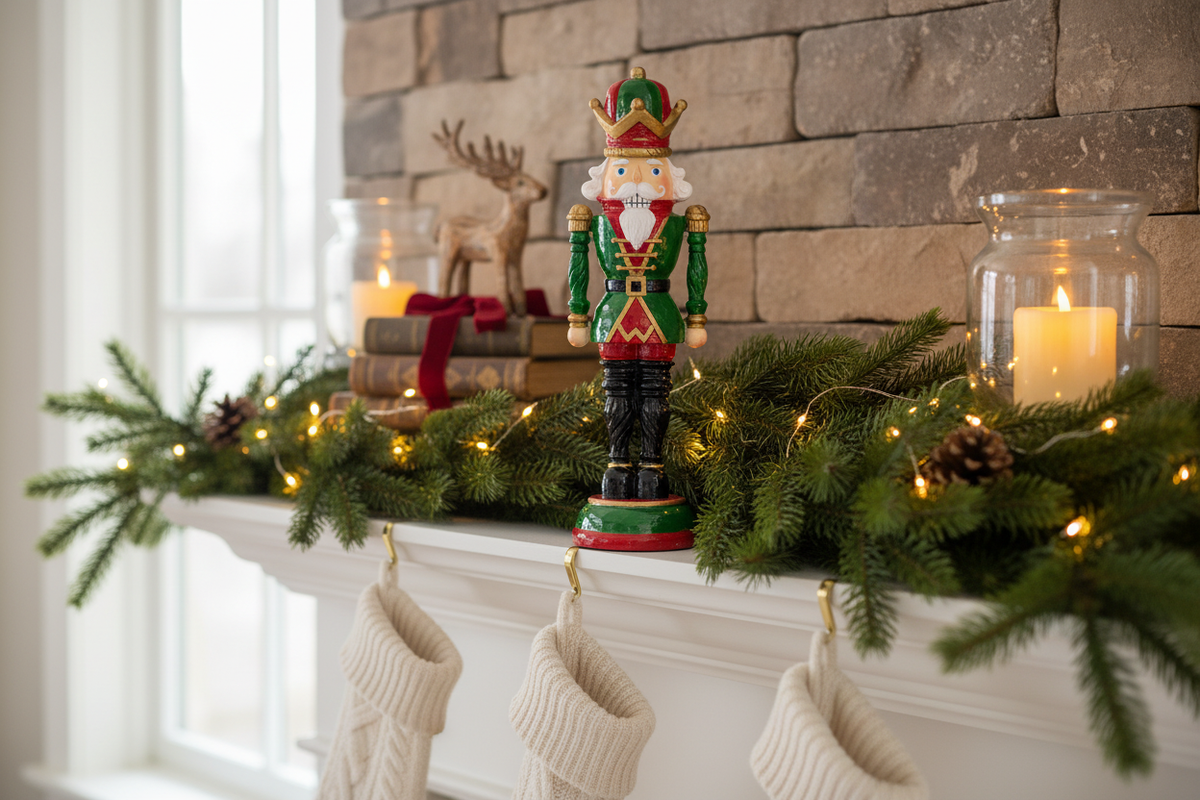 10-inch traditional resin nutcracker displayed on a holiday mantel with evergreen branches