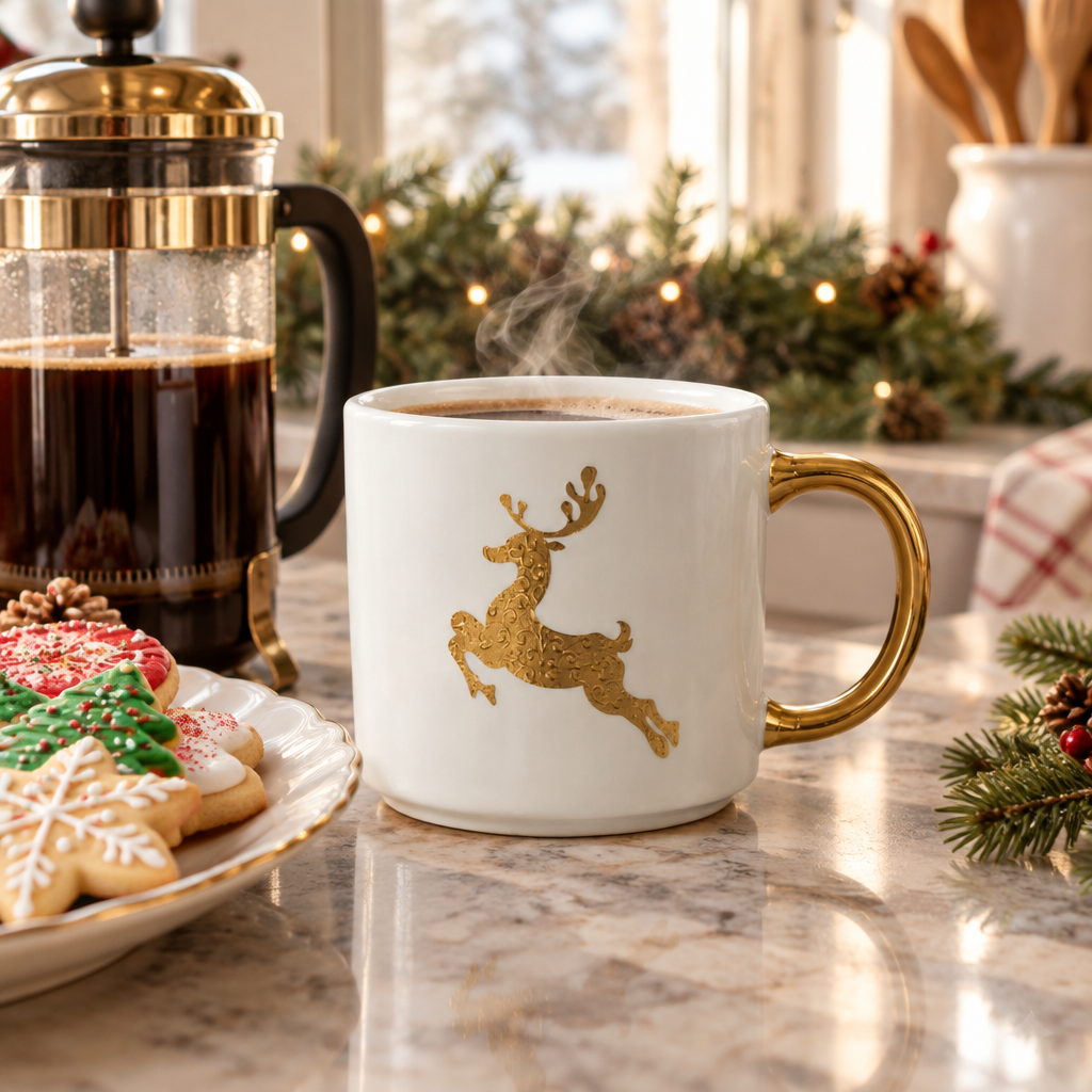 Cafe mug with a leaping gold reindeer design on a kitchen counter next to a French press of coffee and a plate of Christmas cookies