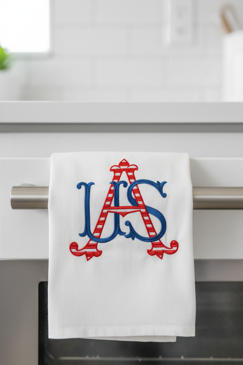 White monogram tea towel with bold red and navy blue embroidered USA-style letter, draped over an oven handle in a bright kitchen