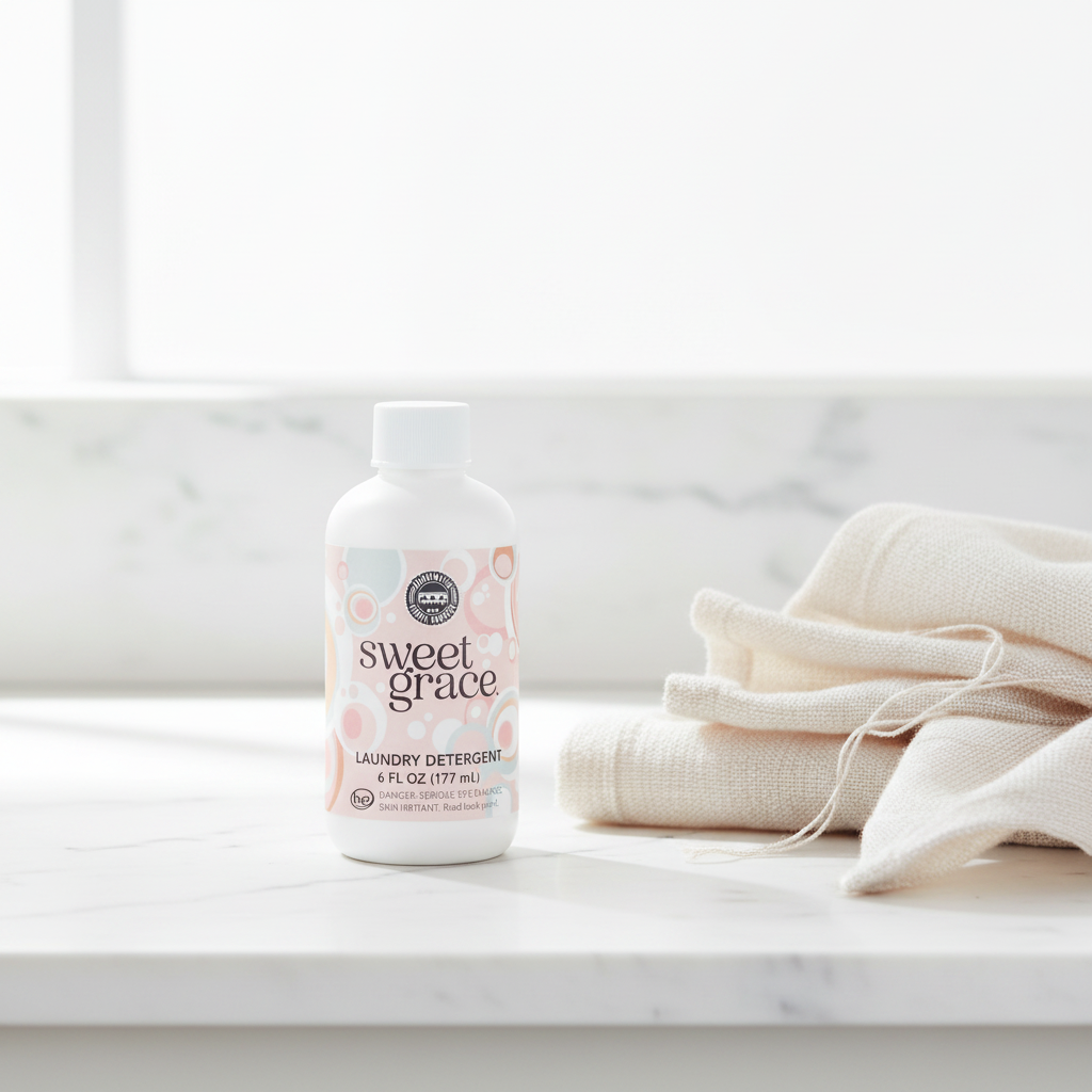 Bridgewater Sweet Grace Laundry Detergent 6 oz bottle styled on white marble countertop with folded linen towels in soft natural light