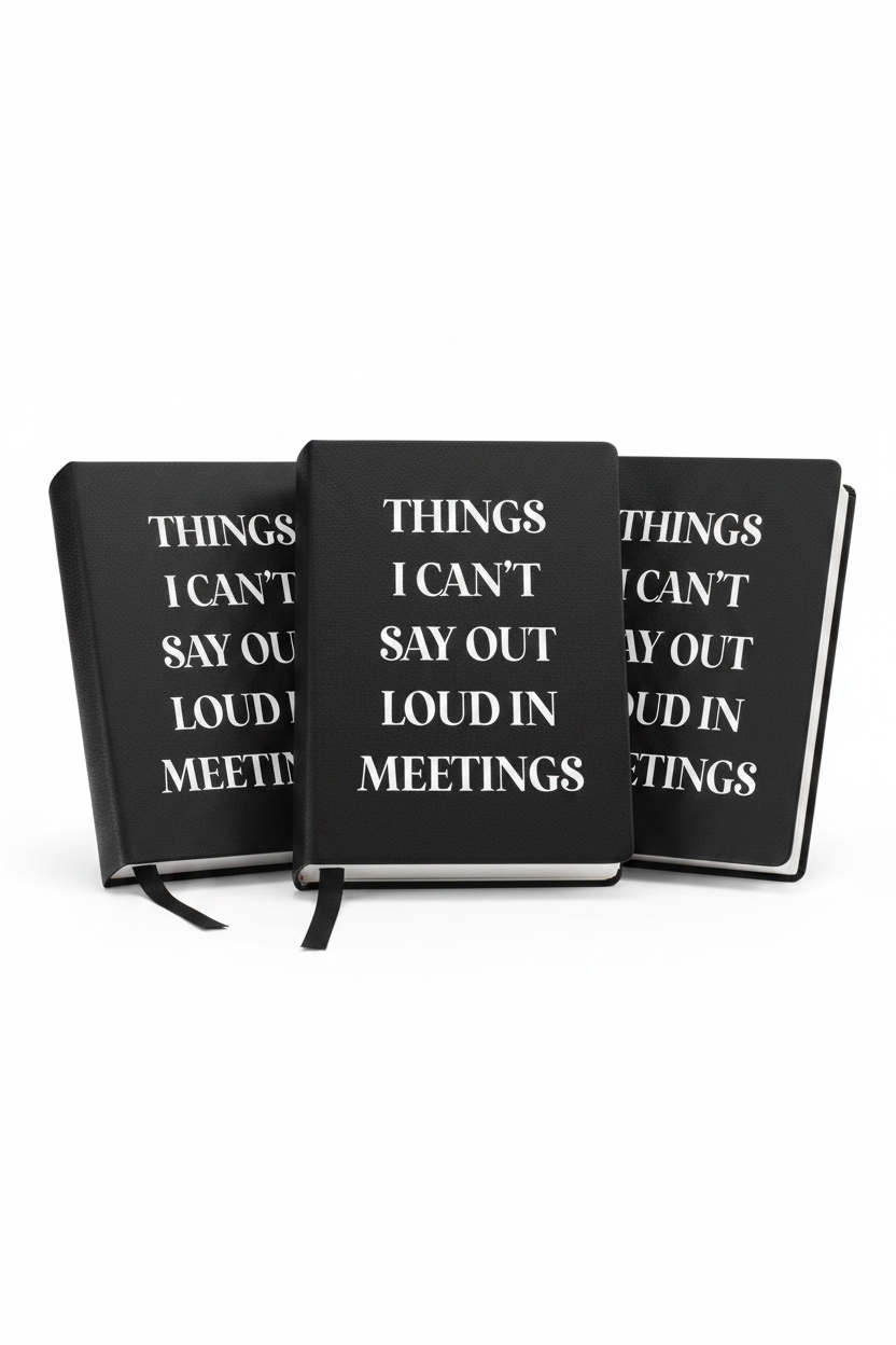 Three Toss Designs black notebooks with white text on a white background