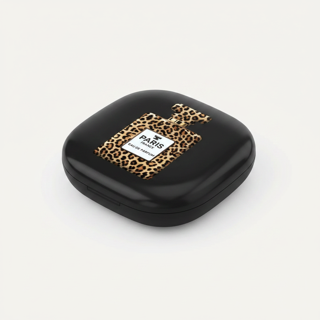 Toss Designs Black case with leopard print design and visible brand name on a white background
