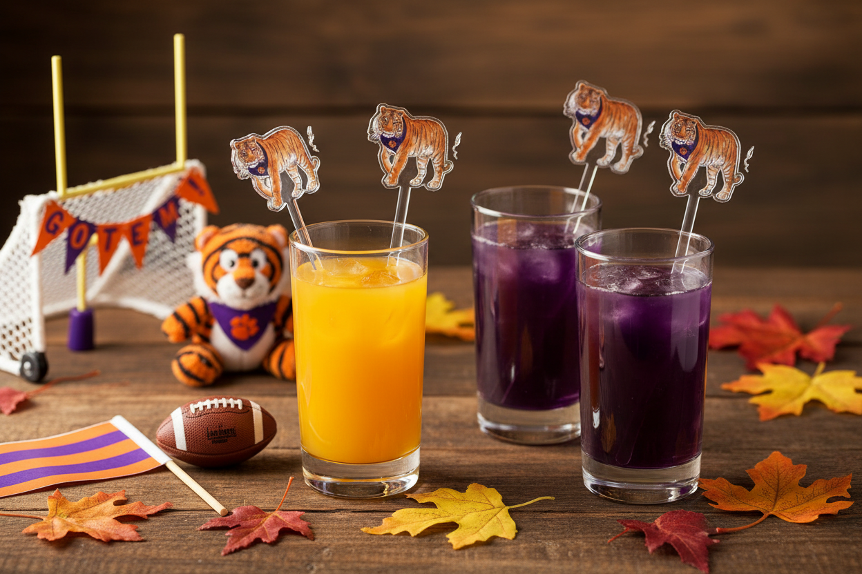 Clemson purple and orange tiger swizzle sticks in game day cocktail glasses with tailgate decor