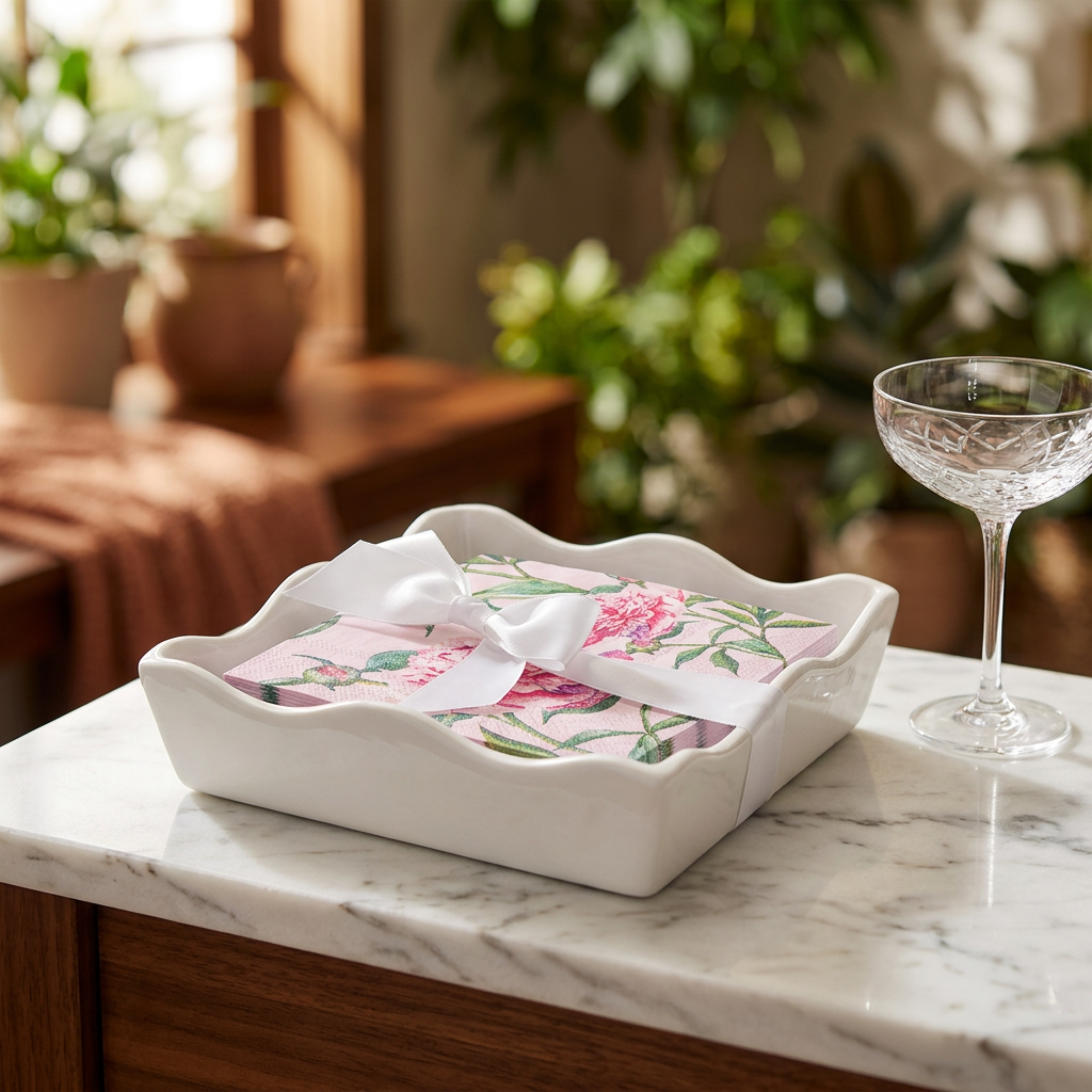 Pink Peonies cocktail napkins and white ceramic tray styled beside a drink on a marble console.