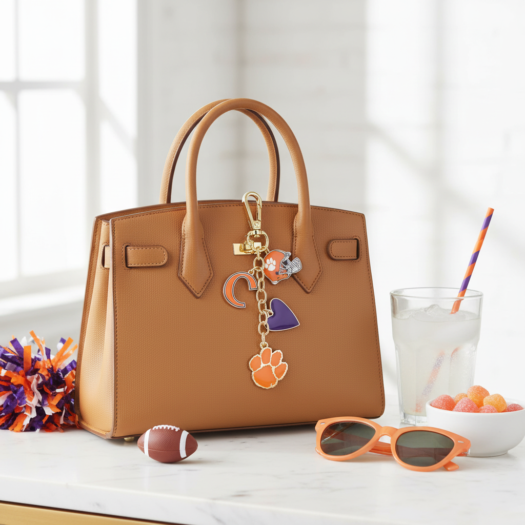 Canvas Clemson Tigers Heart Cluster Bag Charm clipped onto a tan leather handbag styled on white marble with game day accessories