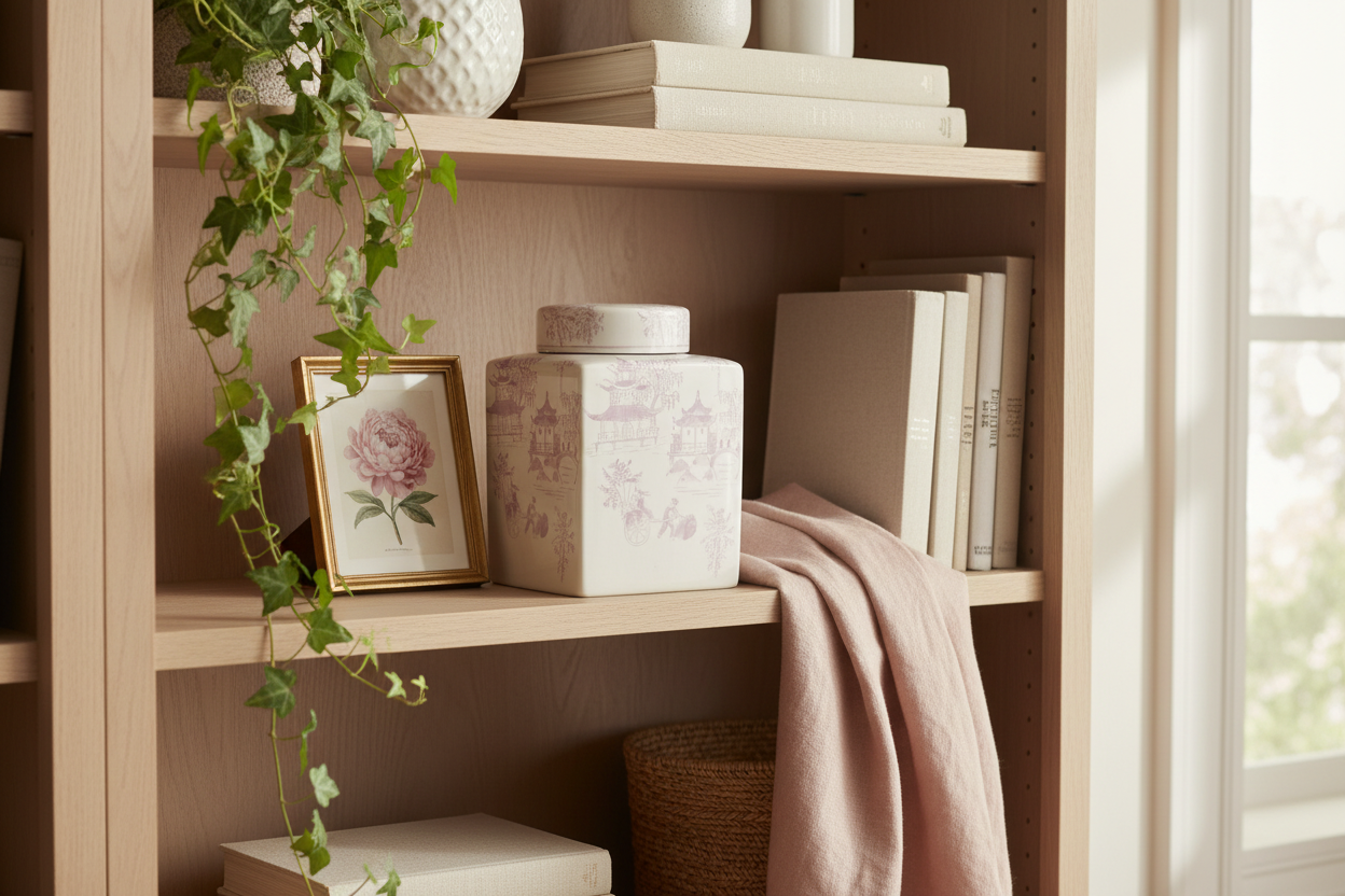 Hazel Mazel lavender chinoiserie stoneware ginger jar on a bookcase shelf with trailing greenery, a botanical print, and soft linen textures