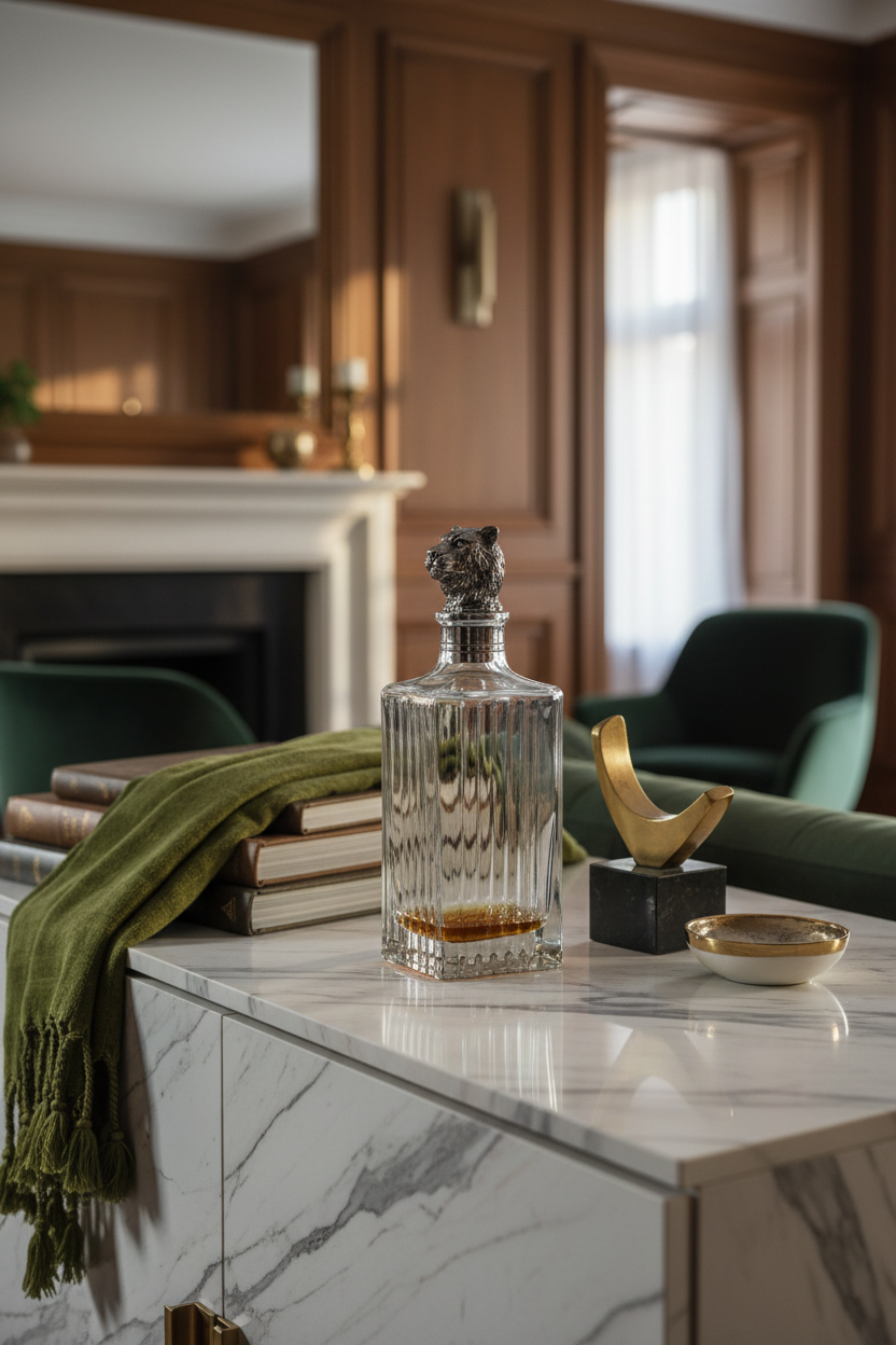 "Lead-free crystal tiger decanter displayed on marble surface — whiskey decanter for home bar"