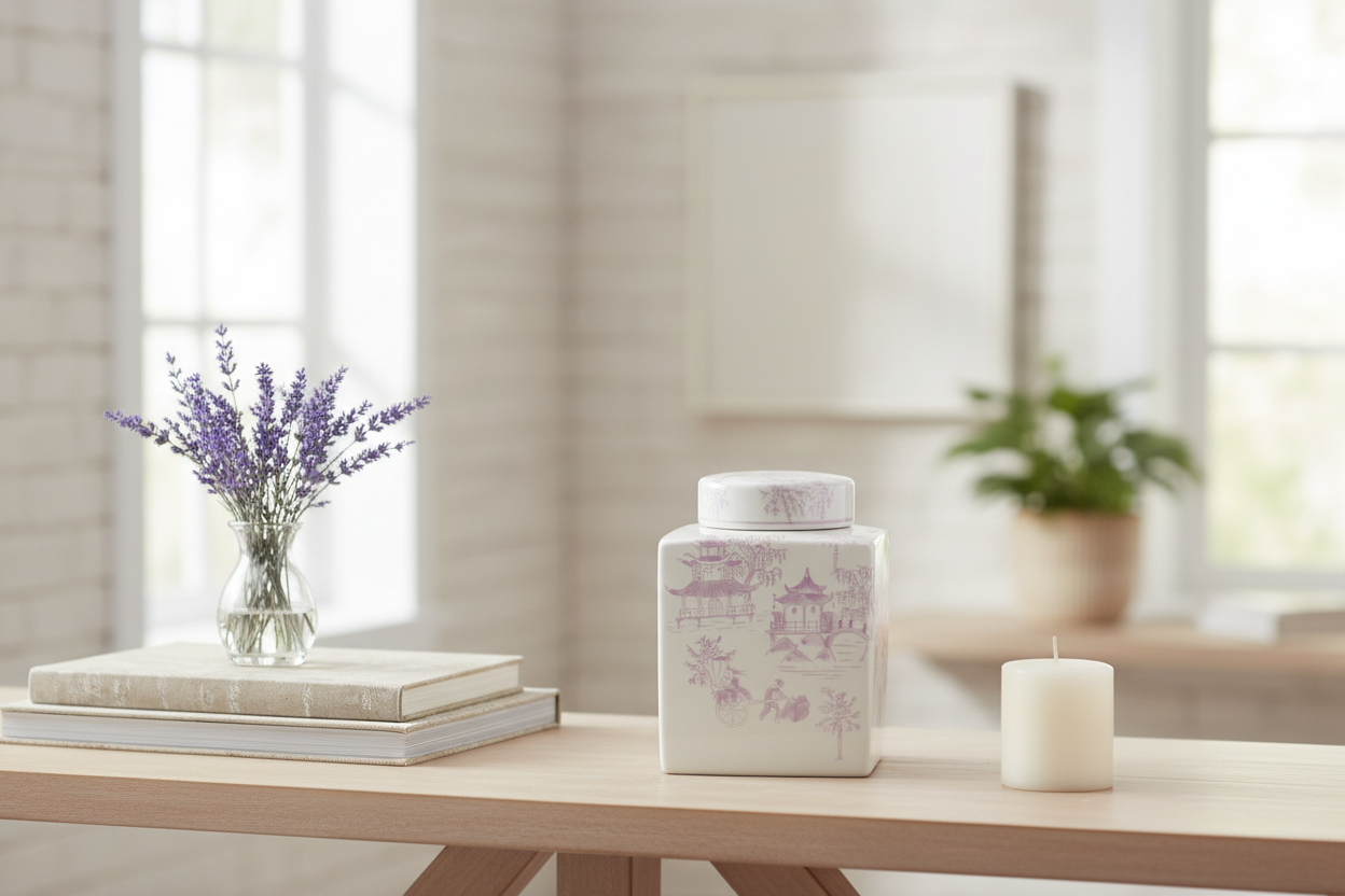 Hazel Mazel lavender chinoiserie ginger jar styled on a console table with fresh lavender stems, art books, and a white pillar candle