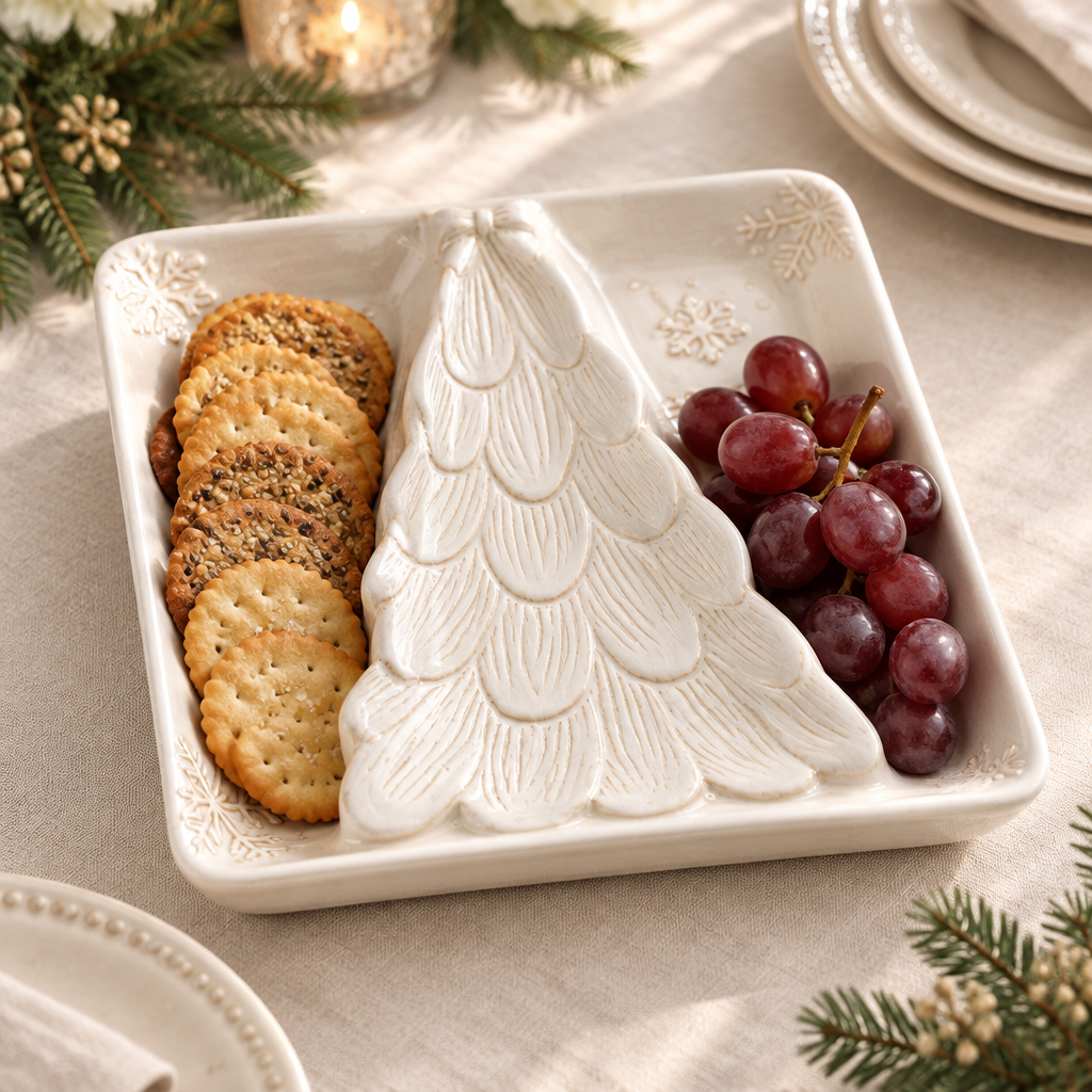 White square stoneware Christmas tree section server without ribbon, holding crackers and grapes on an ivory linen holiday table.