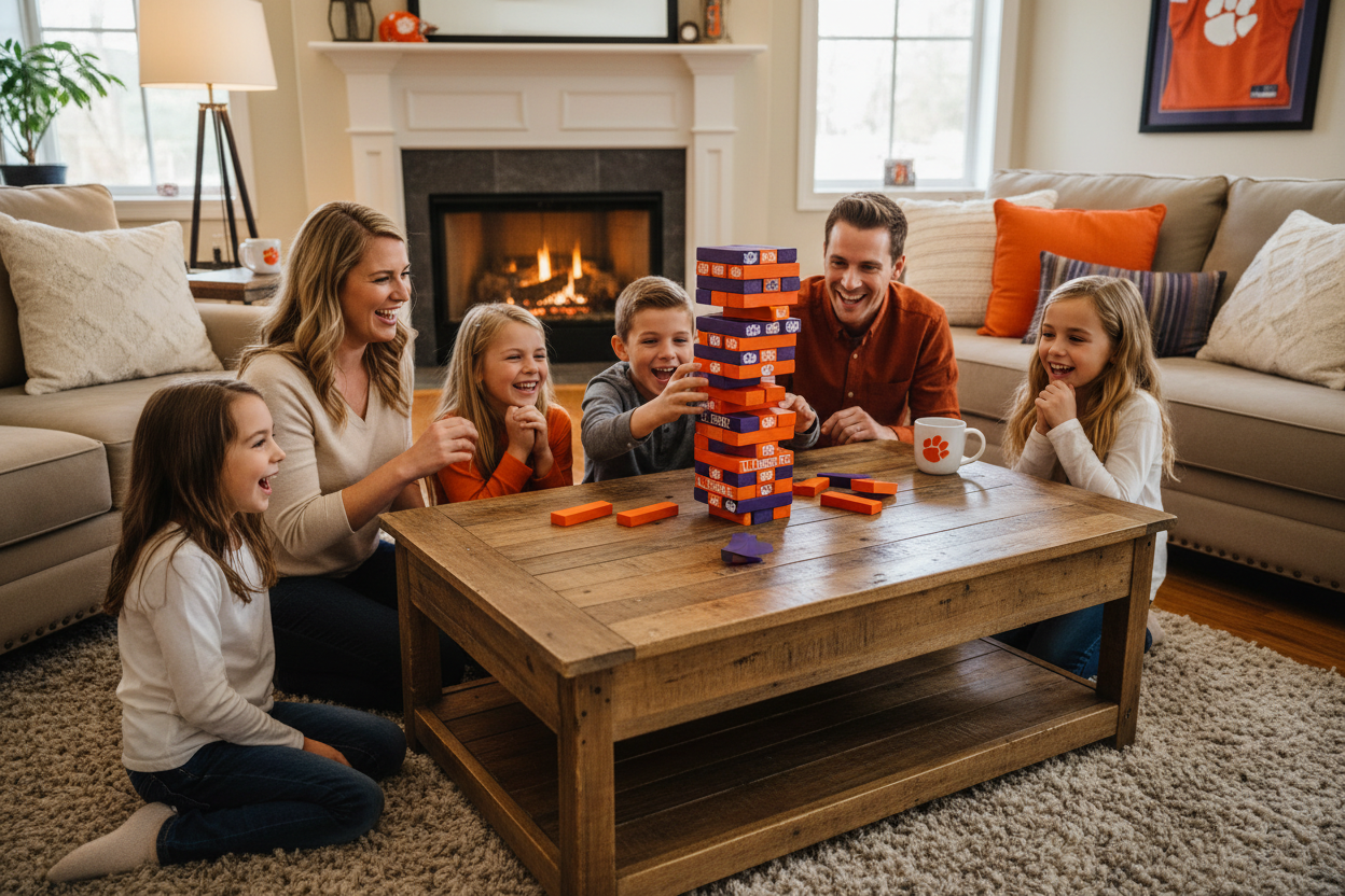 Family playing Clemson Tigers tumble tower wooden block game on a living room coffee table during game night – Masterpiece Puzzles NCAA licensed