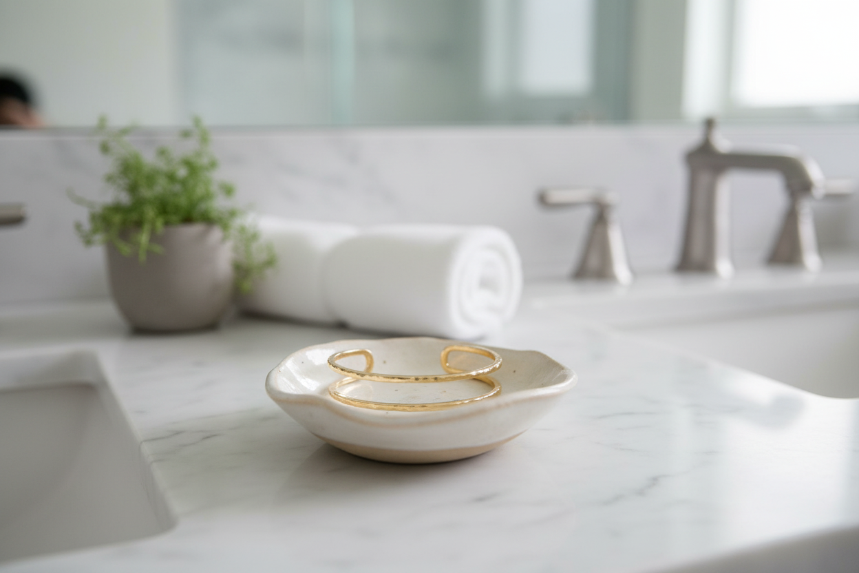 Decorative bowl with gold bracelet on a marble countertop in a bathroom setting.