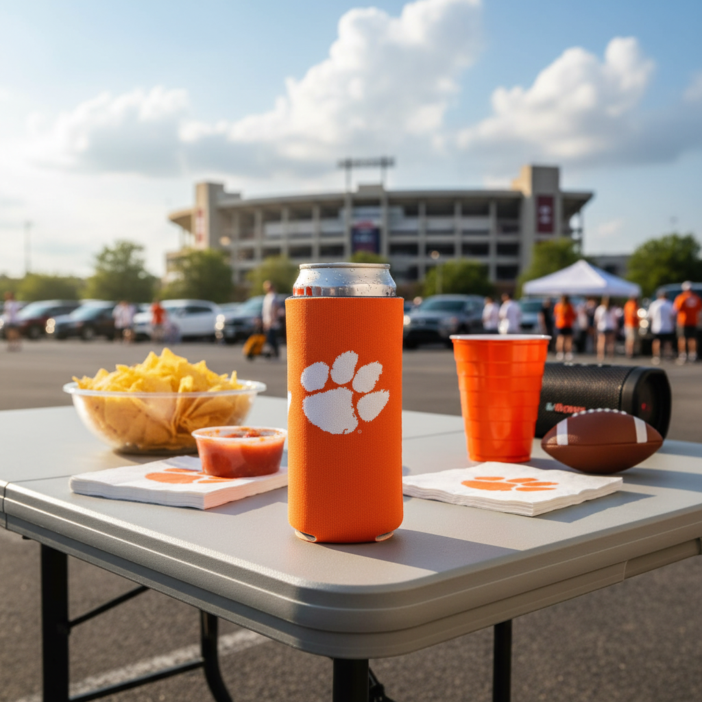 Orange cup with paw print, snacks, and football on a table outdoors with stadium in the background